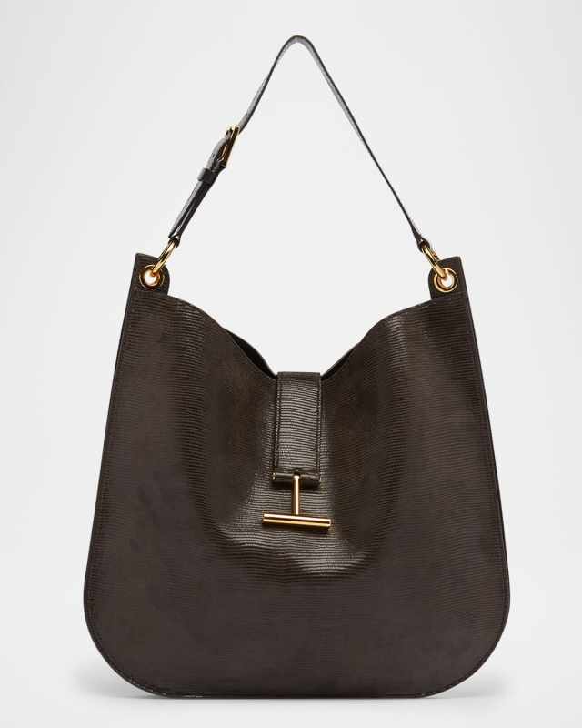 Tara Large Crossbody Bag in Lizard-Embossed Suede and Leather